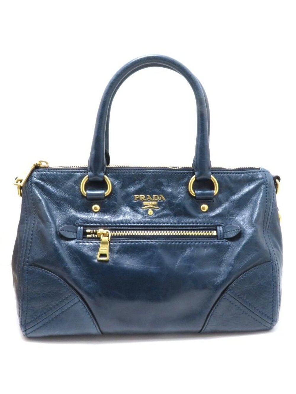 Prada Vitello Shine 2-Way Bag Blue Leather Handbag